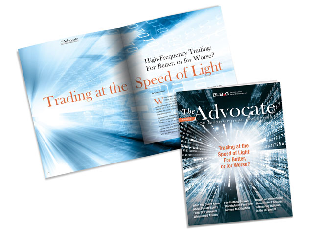 Advocate magazine cover and spread imagery depicting high speed stock trading