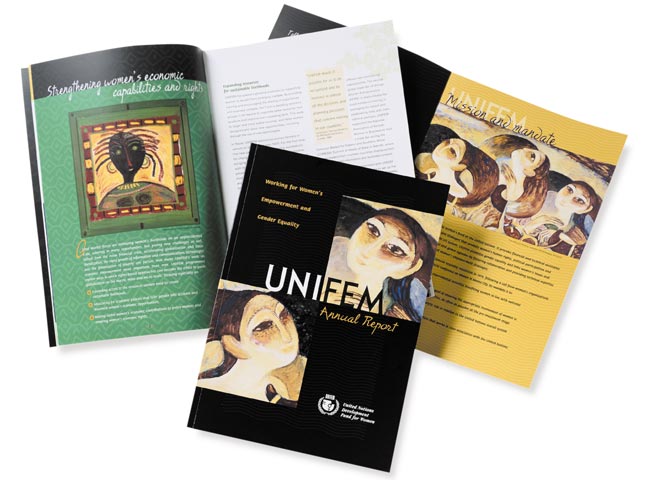 UNIFEM annual report cover and spread