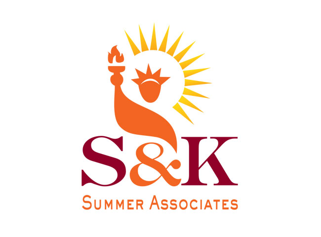 logo with stylized statue of Libery and sun with company initials