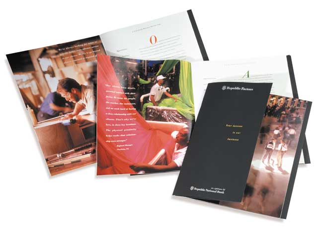 Cover and spread of RNB Factors brochure with colorful photos depicting furniture manufacturing and fabric production